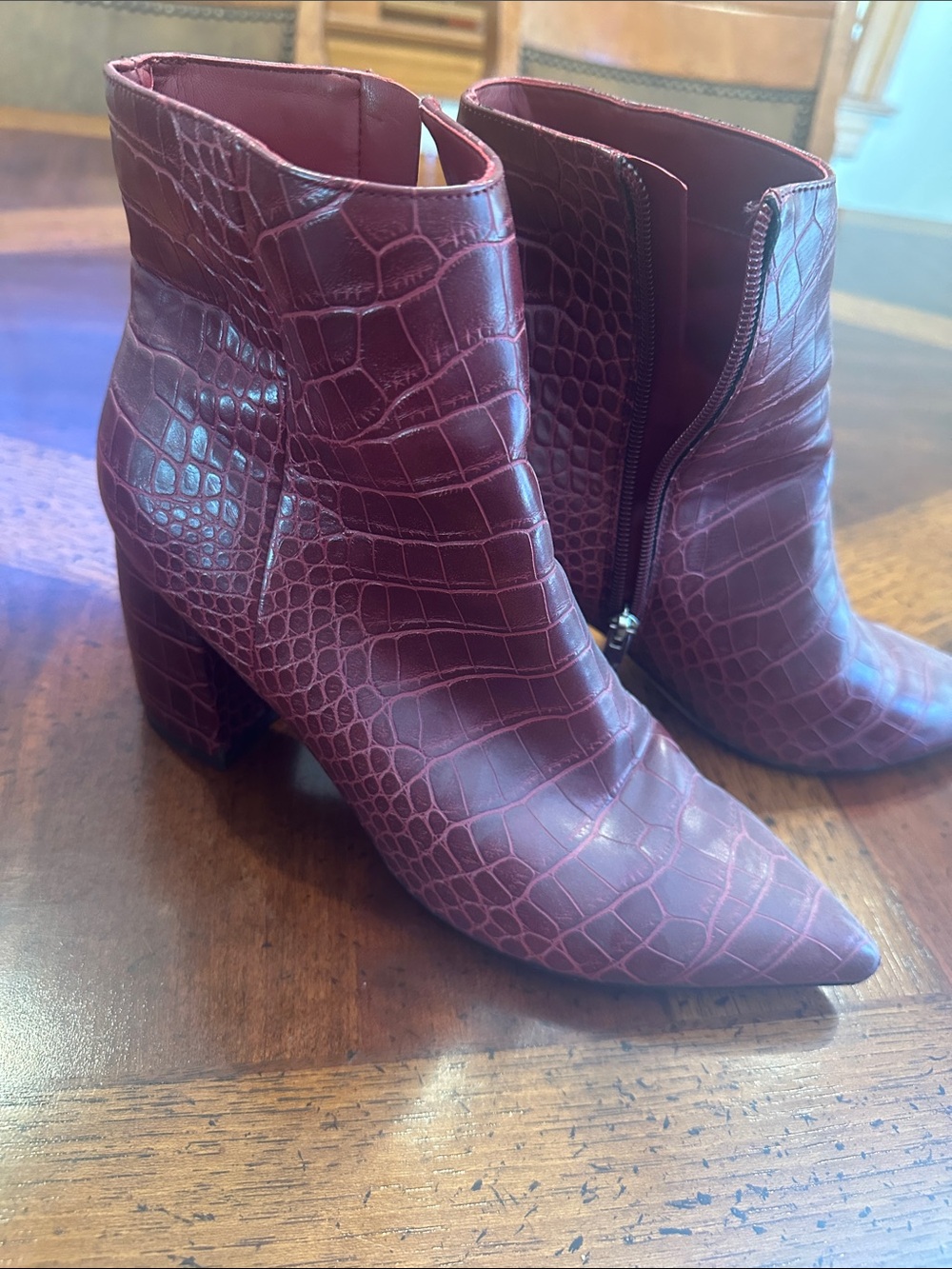 Marc Fisher Burgundy Croc-Texture Pointed Toe Ankle Boots